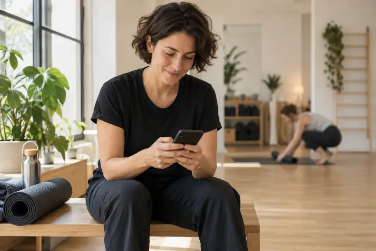 Une coach consulte son téléphone entre deux séances dans son studio.